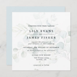 ブルーグリーンユーカリ葉ブーケ結婚の暗い 招待状