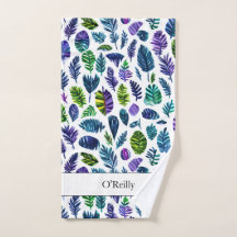 ブルーグリーンリーフモノグラムモダンピックボールタオル