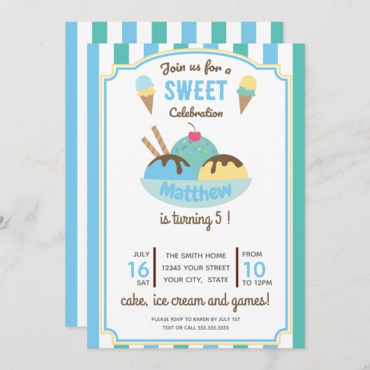 ブルーグリーンレトロアイスクリームキッズバースデーパーティー 招待状 (正面/裏面)