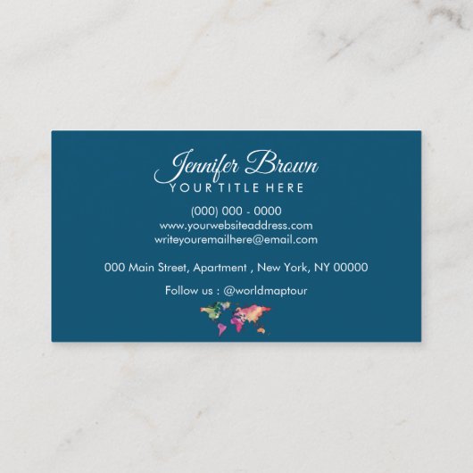 ブルーグリーンレトロカラフルウォーターカラーワールドマップ 名刺 (裏面)