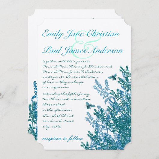 ブルーグリーンワイルドフラワーのまわりに結婚式の招待 招待状 (正面/裏面)
