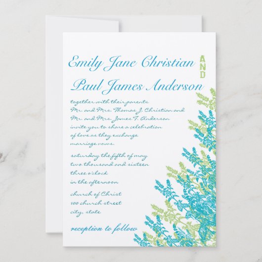 ブルーグリーンワイルドフラワーズフローラ結婚式招待状 招待状 (正面)