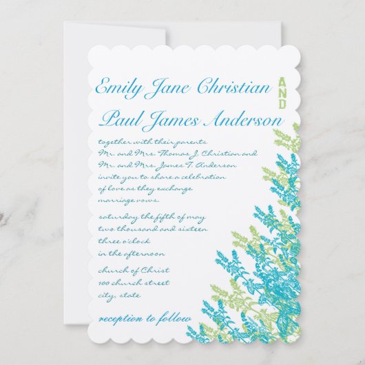ブルーグリーンワイルドフラワーズフローラ結婚式招待状 招待状 (正面)