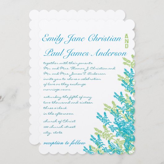 ブルーグリーンワイルドフラワーズフローラ結婚式招待状 招待状 (正面/裏面)