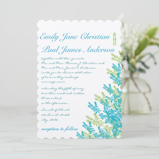 ブルーグリーンワイルドフラワーズフローラ結婚式招待状 招待状 (スタンド正面)