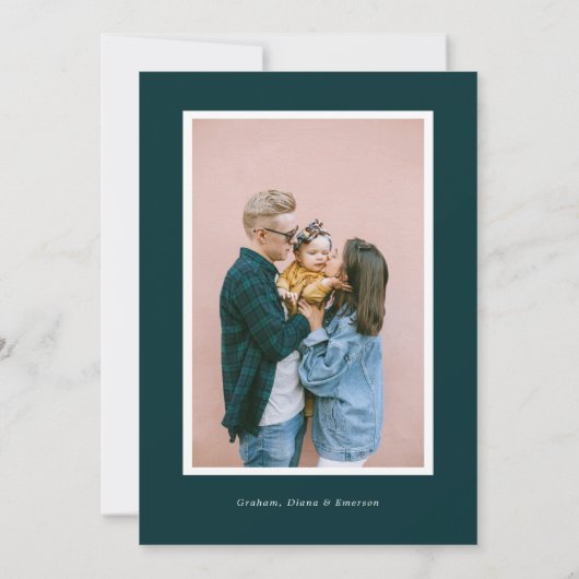 ブルーグリーン図解入りの、写真付きのフローラリースフォトホリデー 招待状 (裏面)