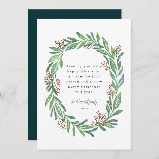 ブルーグリーン図解入りの、写真付きのフローラリースフォトホリデー 招待状 (正面/裏面)