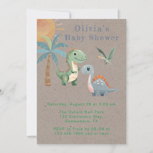 ブルーグリーン恐竜の男の子の赤ちゃんシャワー 招待状 (正面)