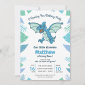 ブルーグリーン恐竜キッズバースデーパーティー 招待状 (正面)