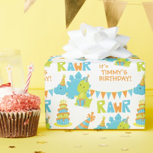 ブルーグリーン恐竜パーティー子供の誕生日 ラッピングペーパー (誕生日パーティー)