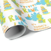 ブルーグリーン恐竜パーティー子供の誕生日 ラッピングペーパー (ロールコーナー)