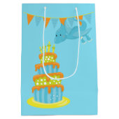 ブルーグリーン恐竜子供の誕生日 ミディアムペーパーバッグ (裏面)