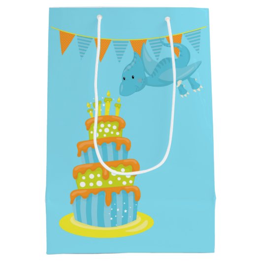 ブルーグリーン恐竜子供の誕生日 ミディアムペーパーバッグ (裏面)