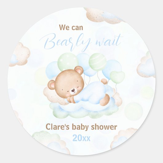 ブルーグリーン我々はベアベビーシャワーを待つことができる ラウンドシール (正面)