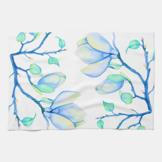 ブルーグリーン水彩モクレンの枝の植物画 キッチンタオル