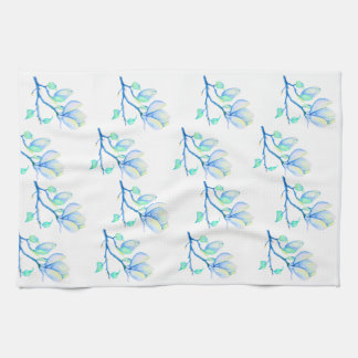 ブルーグリーン水彩モクレンの枝の植物画 キッチンタオル
