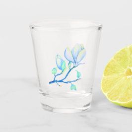 ブルーグリーン水彩モクレンの枝の植物画 ショットグラス