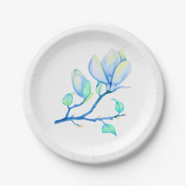 ブルーグリーン水彩モクレンの枝の植物画 ペーパープレート