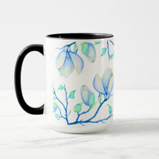 ブルーグリーン水彩モクレンの枝の植物画 マグカップ