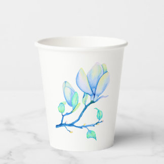 ブルーグリーン水彩モクレンの枝の植物画 紙コップ