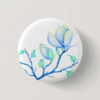 ブルーグリーン水彩モクレンの枝の植物画 缶バッジ