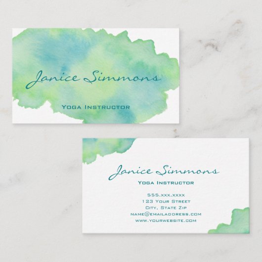 ブルーグリーン水彩洗浄ビジネスカード 名刺 (正面/裏面)