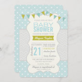 ブルーグリーン水玉模様とシェブロン赤ちゃんシャワー 招待状 (正面/裏面)