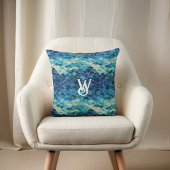 ブルーグリーン海ウェーブマーメイドモノグラムはかりで測 クッション