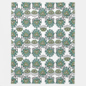 ブルーグリーン白黒トライバルドットイカットダマスク フリースブランケット (正面)