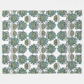 ブルーグリーン白黒トライバルドットイカットダマスク フリースブランケット (正面(横))