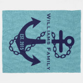 ブルーグリーン素朴リネン結婚いかり フリースブランケット (正面(横))