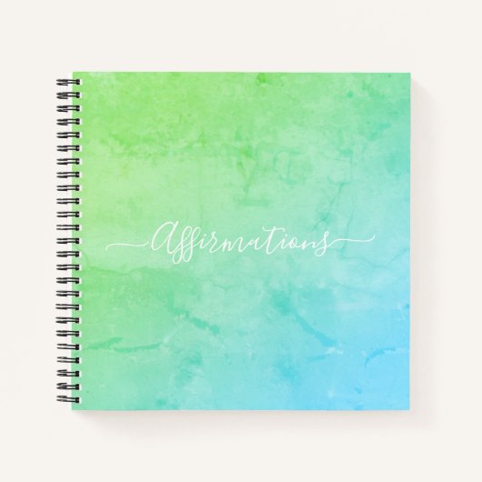 ブルーグリーン絞り染めホワイトタイポグラフィ肯定 ノートブック (正面)