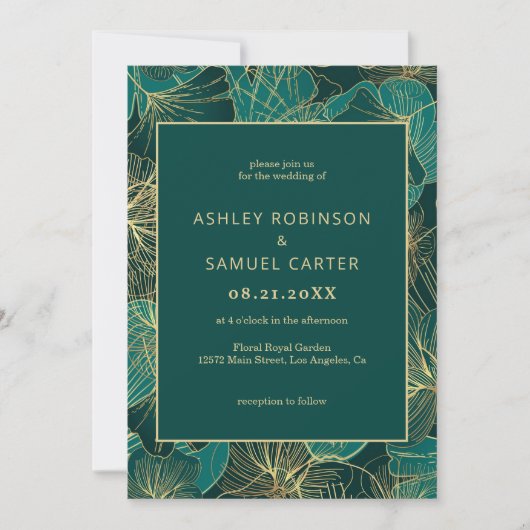 ブルーグリーン葉金ゴールド結婚式招待状 招待状 (正面)