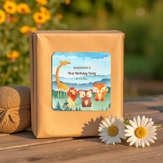 ブルーグリーン誕生日ウッドランドアニマルズ スクエアシール