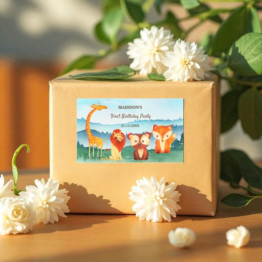 ブルーグリーン誕生日ウッドランドアニマルズ 長方形シール