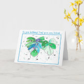 ブルーグリーン踊り葉誕生日カード カード (黄色い花)