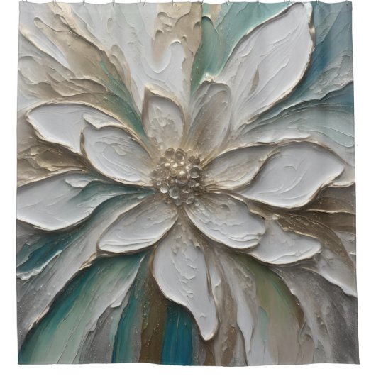 ブルーグリーン金ゴールドと白抽象芸術の花 シャワーカーテン (正面)