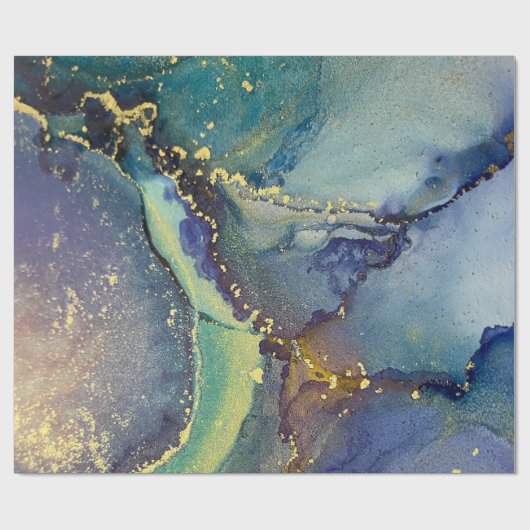 ブルーグリーン金ゴールドアルコールインク液体抽象芸術アート ラッピングペーパー (フラット)