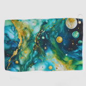 ブルーグリーン金ゴールドインクコスモス ゴルフタオル (横)