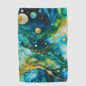 ブルーグリーン金ゴールドインクコスモス ゴルフタオル (正面)