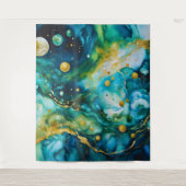 ブルーグリーン金ゴールドインクコスモス タペストリー (正面)