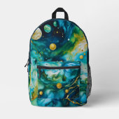 ブルーグリーン金ゴールドインクコスモス プリントバックパック (正面)