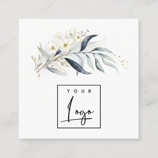 ブルーグリーン金ゴールドリービボタニカルフローラあなたのロゴ スクエア名刺 (正面)