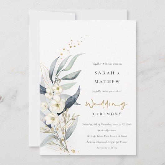 ブルーグリーン金ゴールドリービボタニカルフローラ結婚ズ 招待状 (正面)