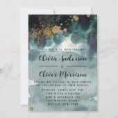 ブルーグリーン金ゴールド水彩瑪瑙ビーチ結婚式Inv 招待状 (正面)