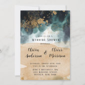 ブルーグリーン金ゴールド絵を描アゲートビーチ結婚式シャワー 招待状 (正面)