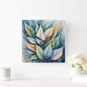 ブルーグリーン金ゴールド離れラテ スクエア壁時計 (ホーム)