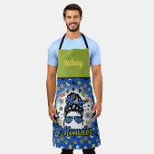 ブルーグリーン面白いハロウィーンモーテル エプロン (着用した状態)