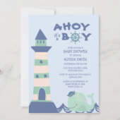 ブルーグリーン鯨の灯台 Ahoy 男の子ベビーシャワー 招待状 (正面)