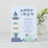 ブルーグリーン鯨の灯台 Ahoy 男の子ベビーシャワー 招待状 (スタンド正面)